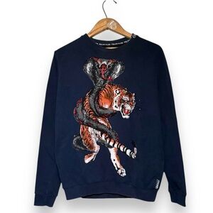 Philipp Plein Tiger Cobra Rhinestone Crewneck Sweatshirt Navy Blue